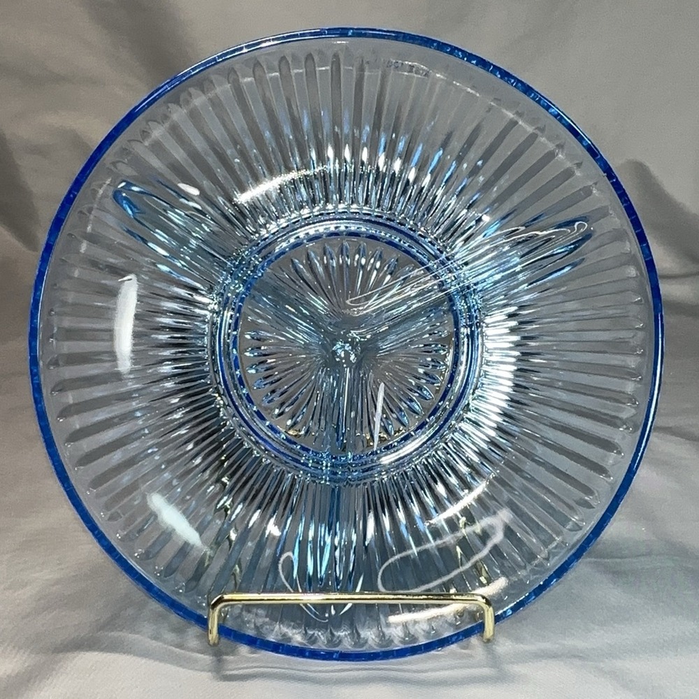 Vintage Blue Glass Divided Relish 3 Part Tray Dish Fluted Design Kig Indonesia
